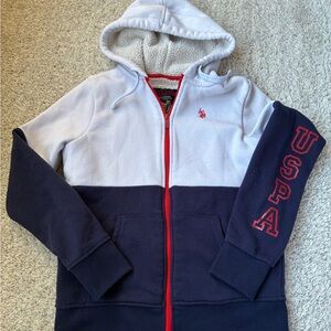 🎇🎆3for$9 Navy and White US Polo Assn Hooded Sherpa zip-up hoodie